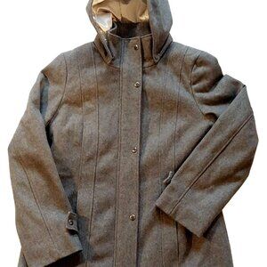 Calvin Klein Womens Gray Wool-Blend Hooded Coat With Snap Buttons And Zipper Clo